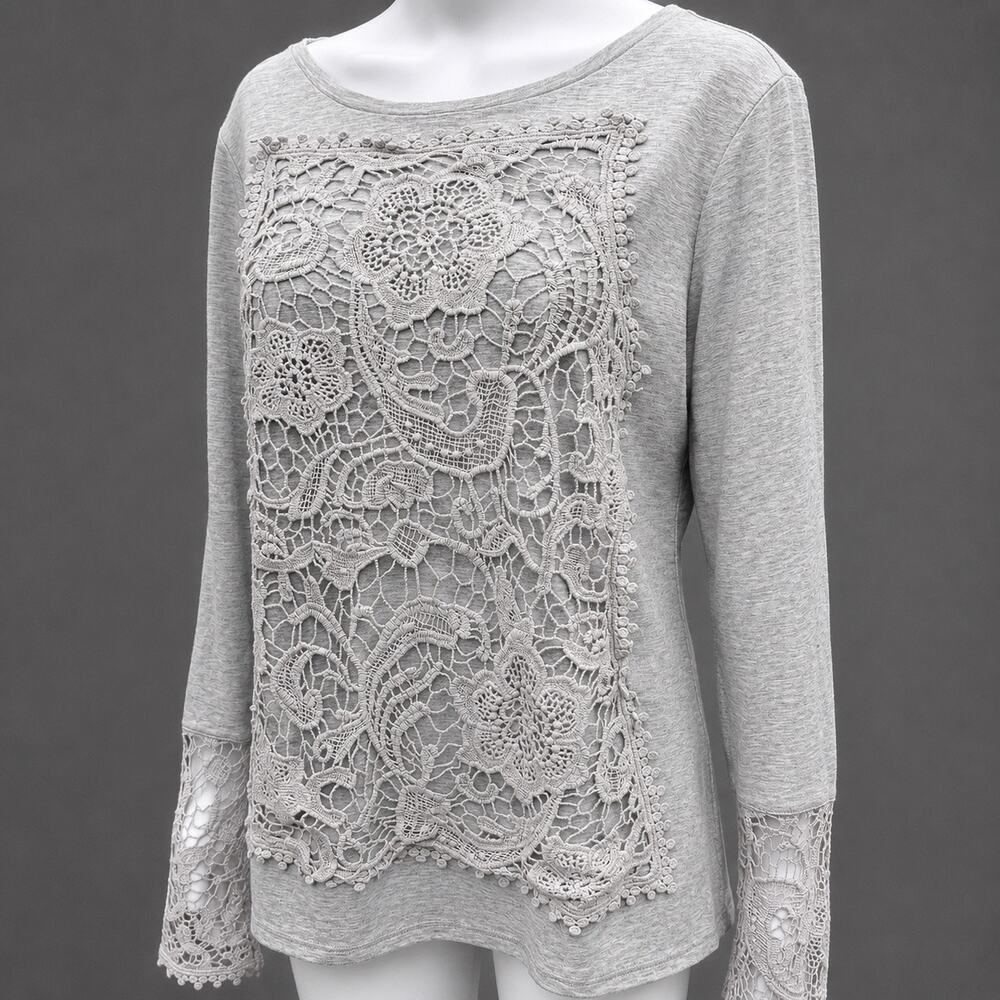 Sundance L Gray Floral Crochet Lace Long Sleeve Boho Top
